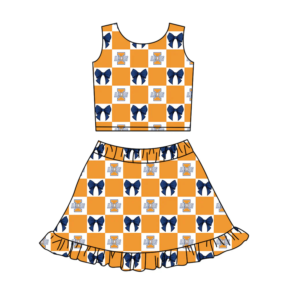 (Custom Design Preorder MOQ 5 Each Color) Team's Illinois Bows Plaid Print Girls Summer Clothes Sisters Matching Wear