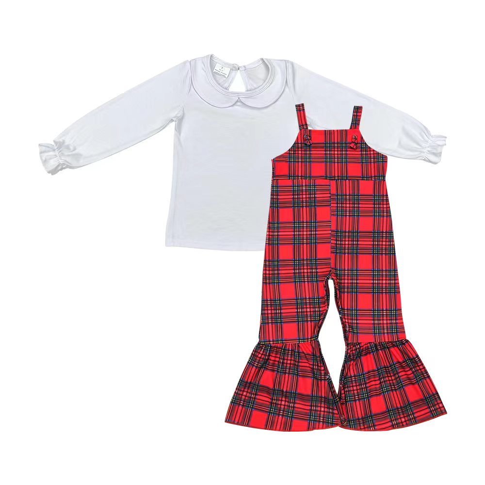 GT0710+SR0479 White Long Sleeve Top Red Plaid Jumpsuits Girls Christmas 2 Pcs Clothes Sets