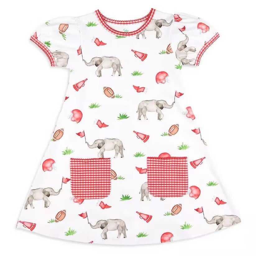 (Custom Design Preorder MOQ 5) Elephant Football Red Plaid Print Girls Summer Knee Length Dress