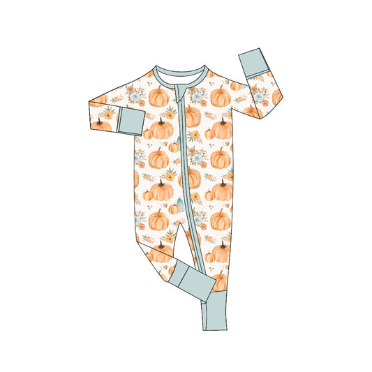 (Custom Design Preorder MOQ 5)  Pumpkin Flowers Print Baby Girls Fall Sleeper Zipper Romper