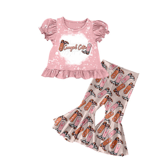 (Custom Design Preorder MOQ 5) Cowgirl Cutie Pink Boots Print Girls Bell Pants Clothes Set