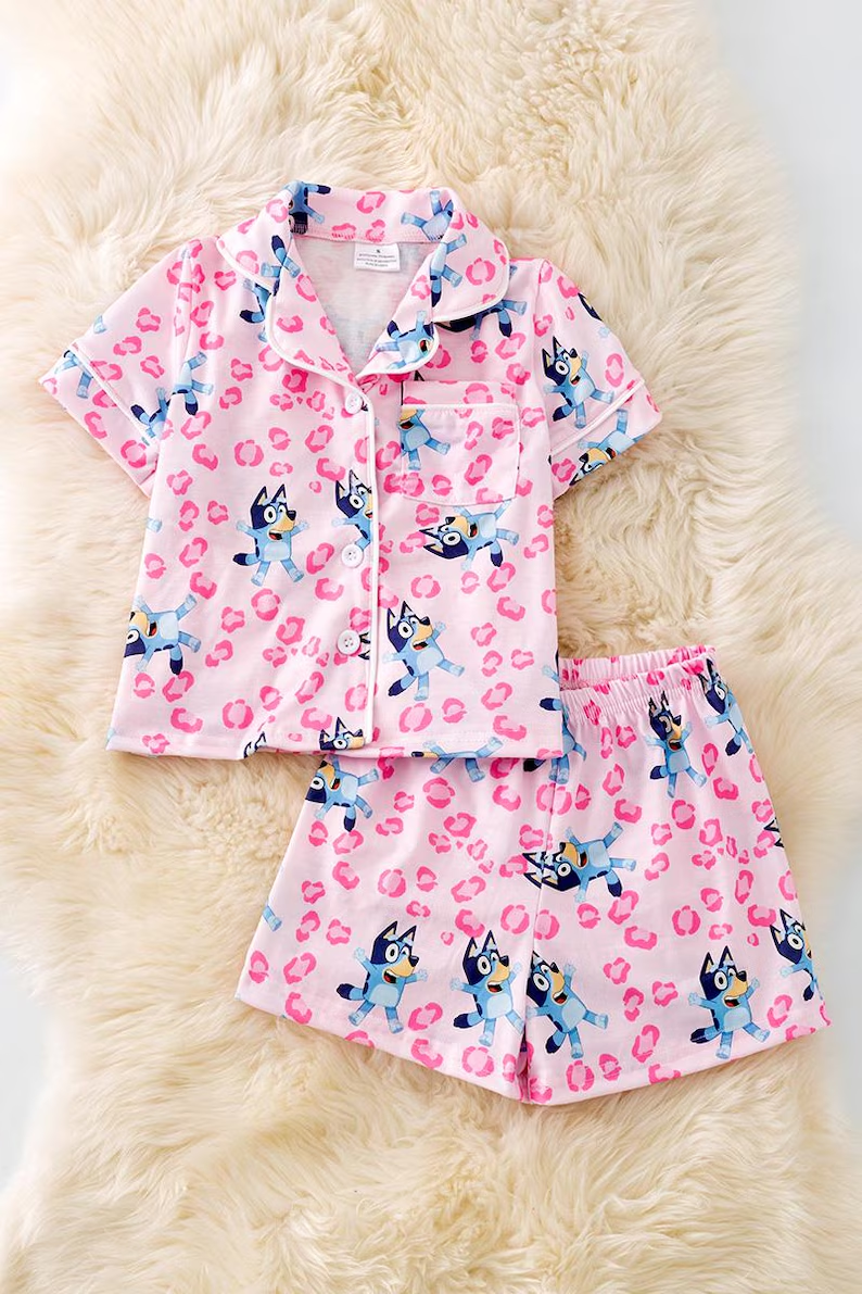 (Custom Design Preorder MOQ 5 Each Design) Cartoon Dog Leoprd Print Summer Pajamas Outfits Mom and Me Matching Clothes