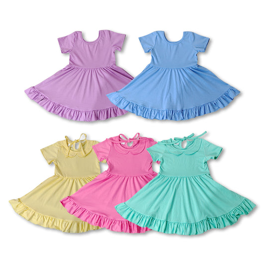 5 Solid Colors Girls Shorts Sleeve Summer Knee Length Dress