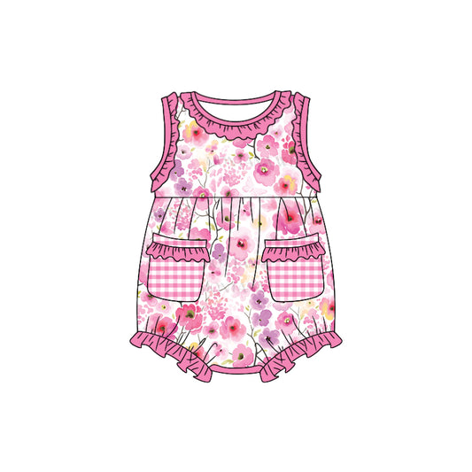 (Custom Design Preorder MOQ 5) Pink Flowers Print Pockets Baby Girls Summer Romper