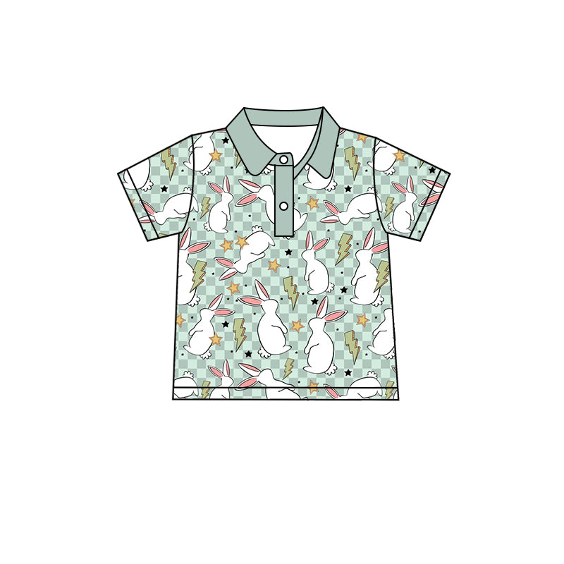 (Custom Design Preorder MOQ 5) Bunny Flash Plaid Print Boys Easter Polo Tops