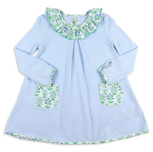 (Custom Design Preorder MOQ 5 ) Flowers Blue Stripes Print Pockets Girls Fall Knee Length Dress