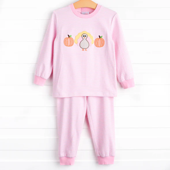 (Custom Design Preorder MOQ 5)  Pink Pumpkin Turkey Print Girls Fall Bamboo Pajamas Clothes Set