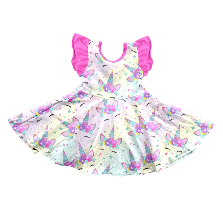 (Custom Design MOQ 5) Unicorn Flowers Print Girls Knee Length Dress