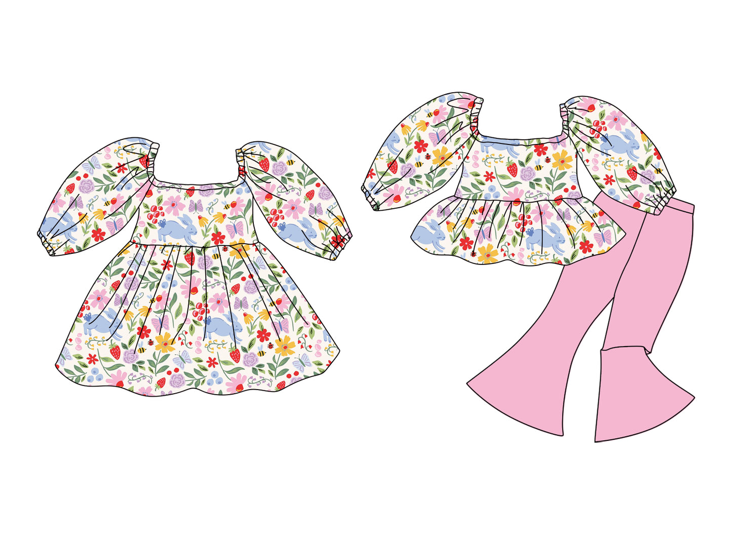 12.10 (Custom Design Preorder MOQ 5 Each Design) Colorful Flowers Bunny Print Girls Easter Matching Clothes Sisters Wear