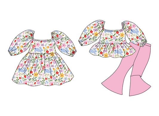 12.10 (Custom Design Preorder MOQ 5 Each Design) Colorful Flowers Bunny Print Girls Easter Matching Clothes Sisters Wear