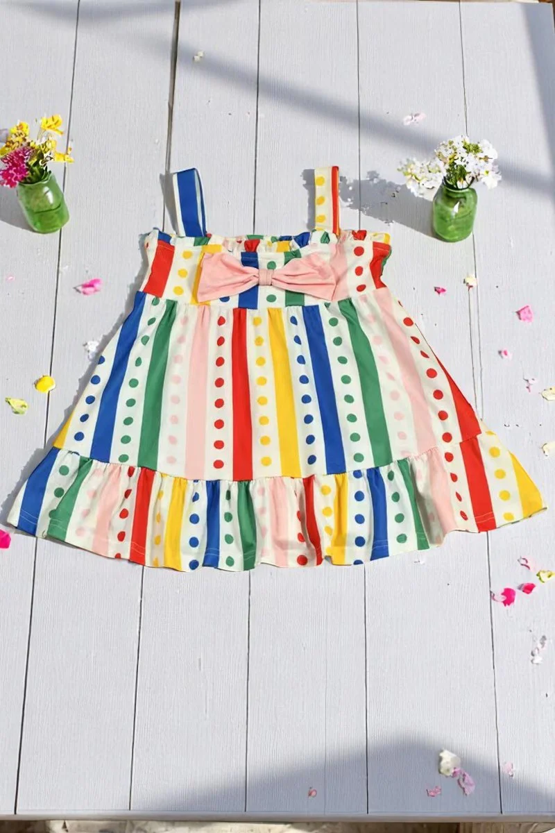 (Custom Design Preorder MOQ 5) Colorful Dots Stripes Print Girls Summer Knee Length Dress