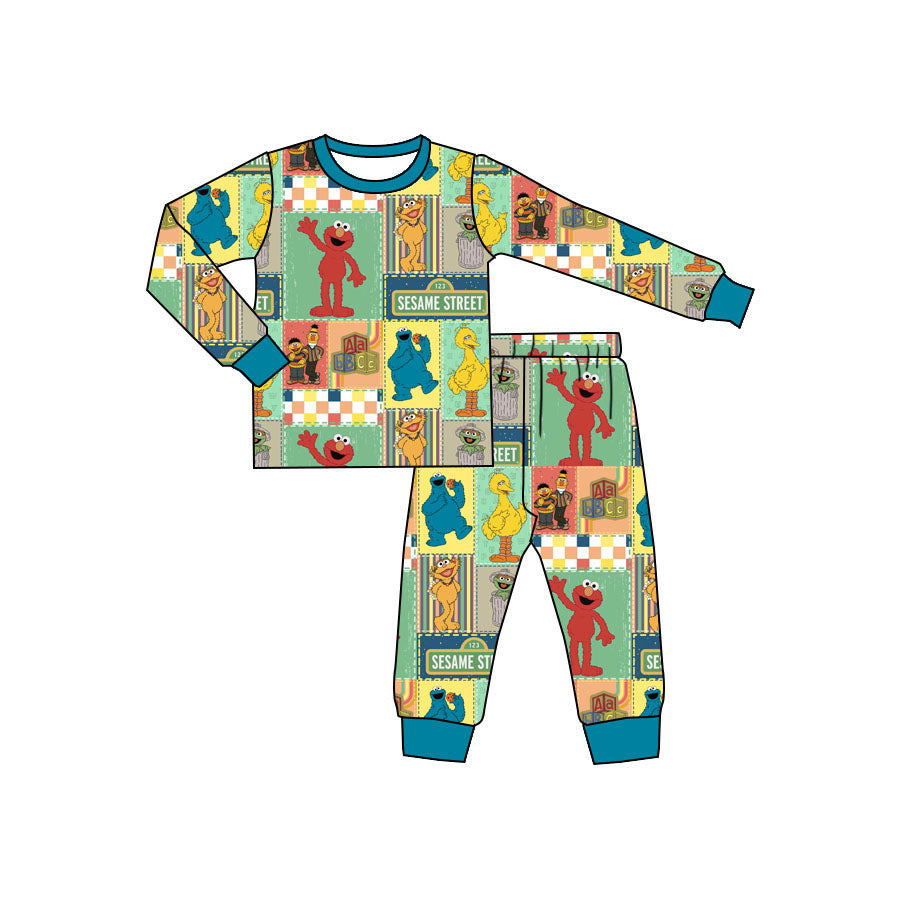 (Custom Design Preorder MOQ 5) Catoon Street Blue Print Kids Fall Bamboo Pajamas Clothes Set