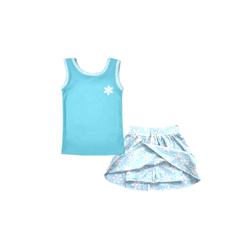 (Custom Design Preorder MOQ 5) Cartoon Snowflake Blue Print Skirts With Shorts Girls Summer Clothes Sets