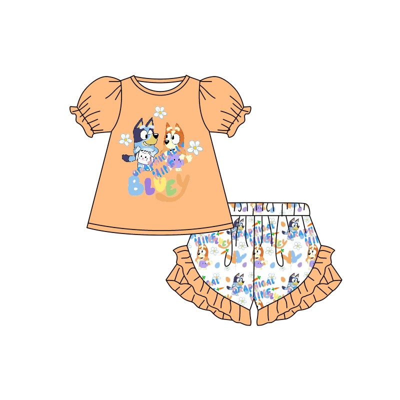 (Custom Design Preorder MOQ 5) Orange Flowers Carrot Cartoon Dog Shorts Girls Easter Clothes Set