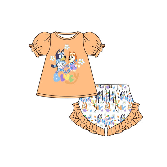 (Custom Design Preorder MOQ 5) Orange Flowers Carrot Cartoon Dog Shorts Girls Easter Clothes Set