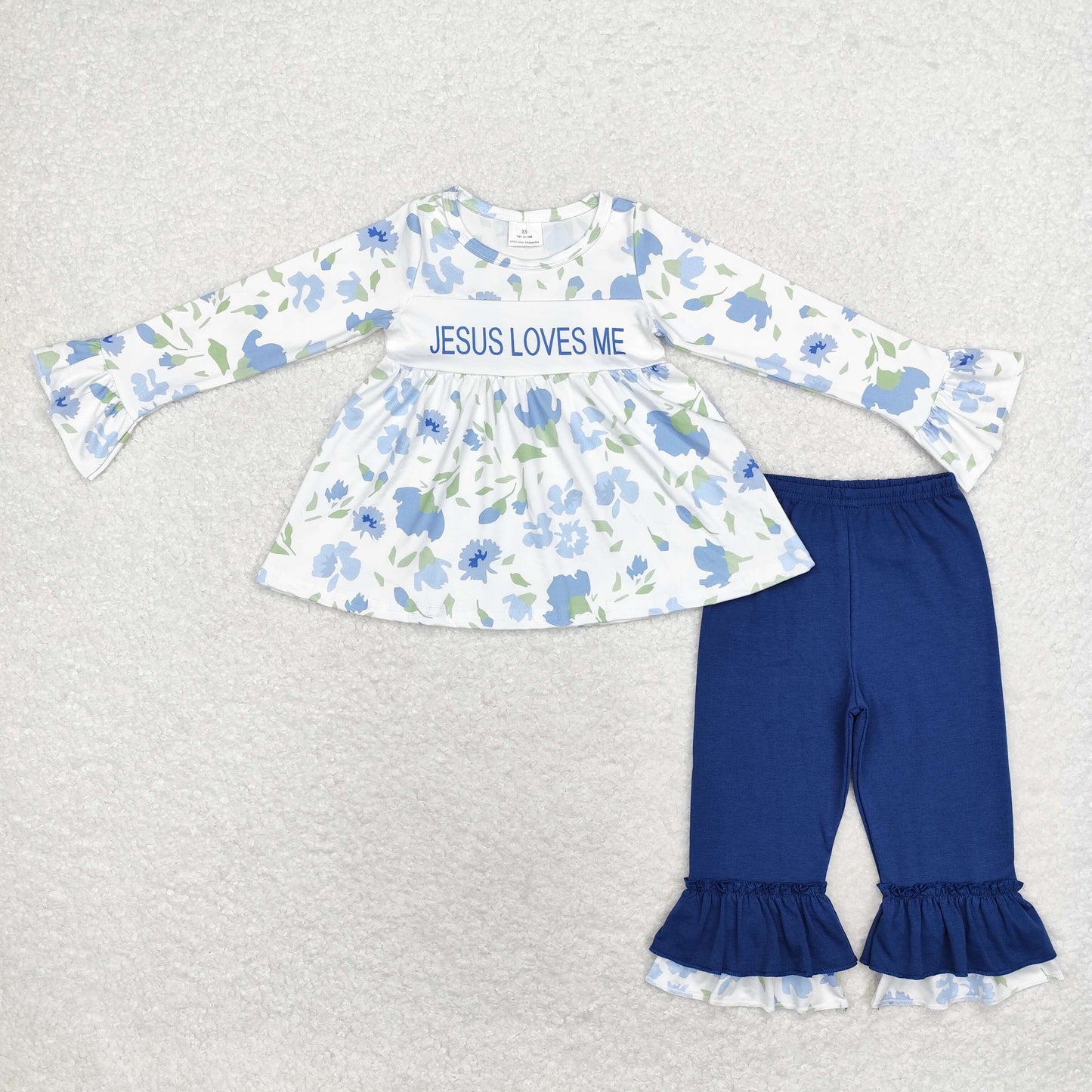 Jesus Loves Me Flowers & Blue Stripes Print Sibling Matching Clothes