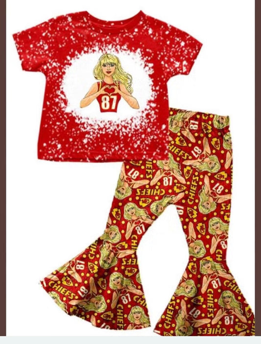 (Custom Design Preorder MOQ 5)  Singer Swiftie Red 87 Print Girls Bell Pants Clothes Set