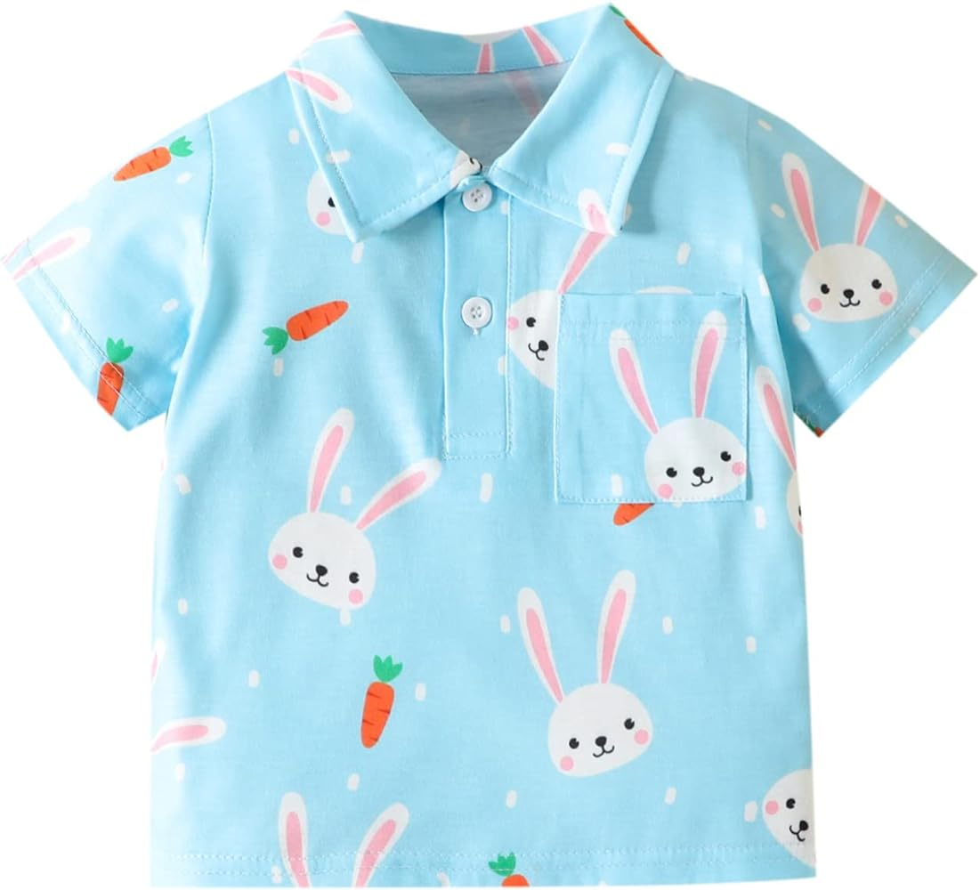 (Custom Design MOQ 5)  Blue Bunny Carrot Print Boys Buttons Polo Tee Shirts Easter Top