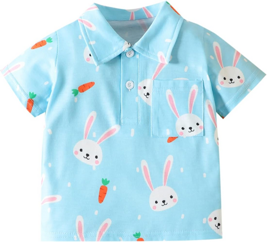 (Custom Design MOQ 5)  Blue Bunny Carrot Print Boys Buttons Polo Tee Shirts Easter Top