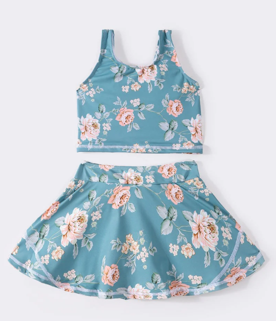 (Custom Design Preorder MOQ 5) Flowers Print Shorts Skirts Girls Summer Yoga Clothes Set