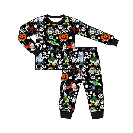 (Custom Design Preorder MOQ 5)  Cartoon Figure Black Print Kids Halloween Bamboo Pajamas Clothes Set