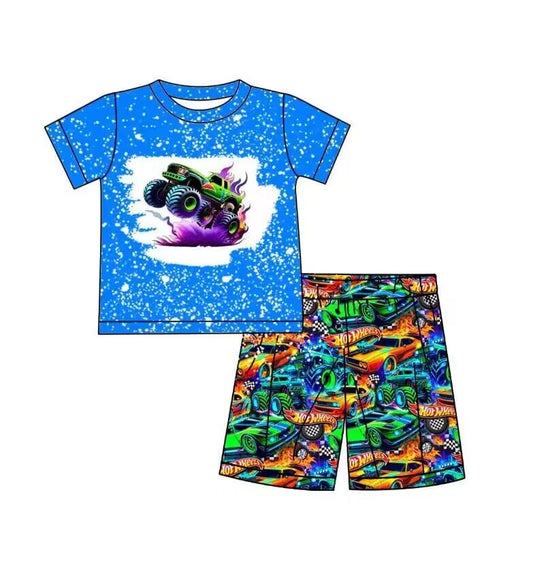 (Custom Design Preorder MOQ 5)  Monster Trucks Print Boys Summer Clothes Set