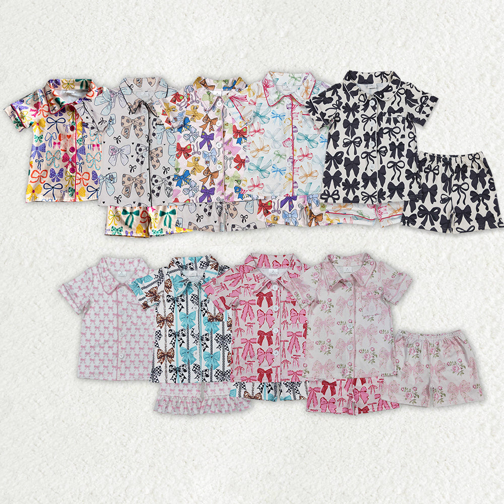 9 Colors Bows Print Girls Summer Buttons Pajamas Clothes Set Sisters Wear