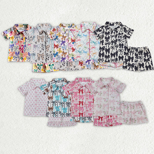 9 Colors Bows Print Girls Summer Buttons Pajamas Clothes Set Sisters Wear
