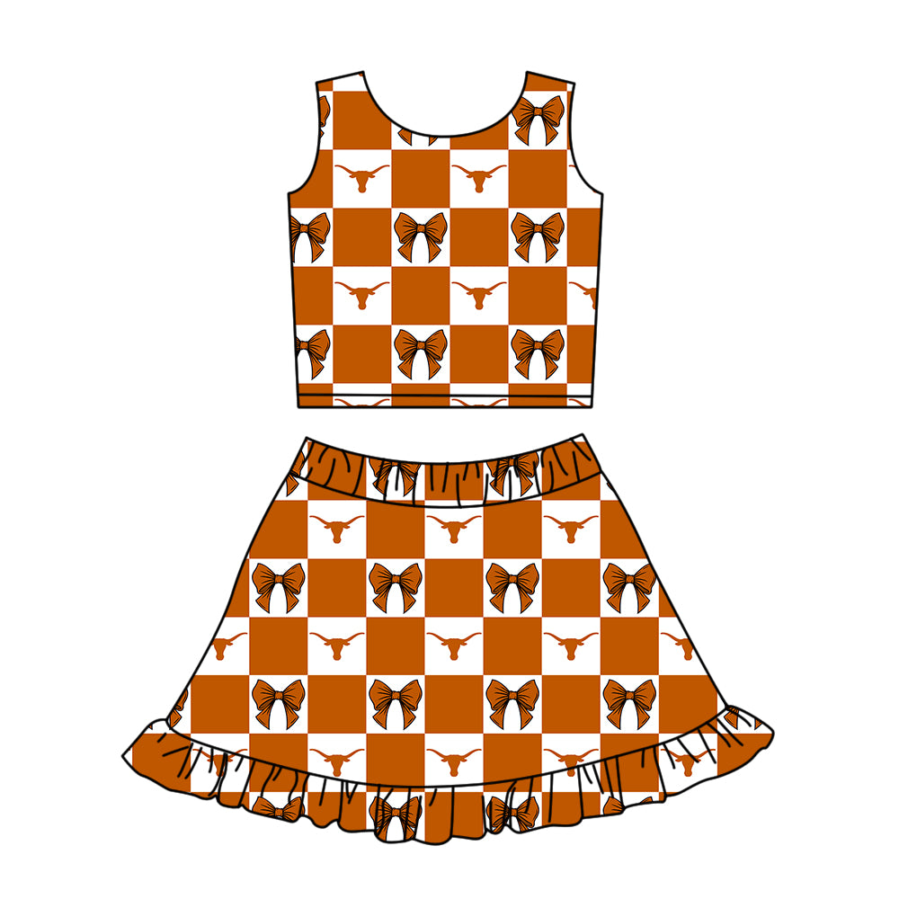 (Custom Design Preorder MOQ 5 Each Color) Team's Texas Longhorns Bows Plaid Print Girls Summer Clothes Sisters Matching Wear