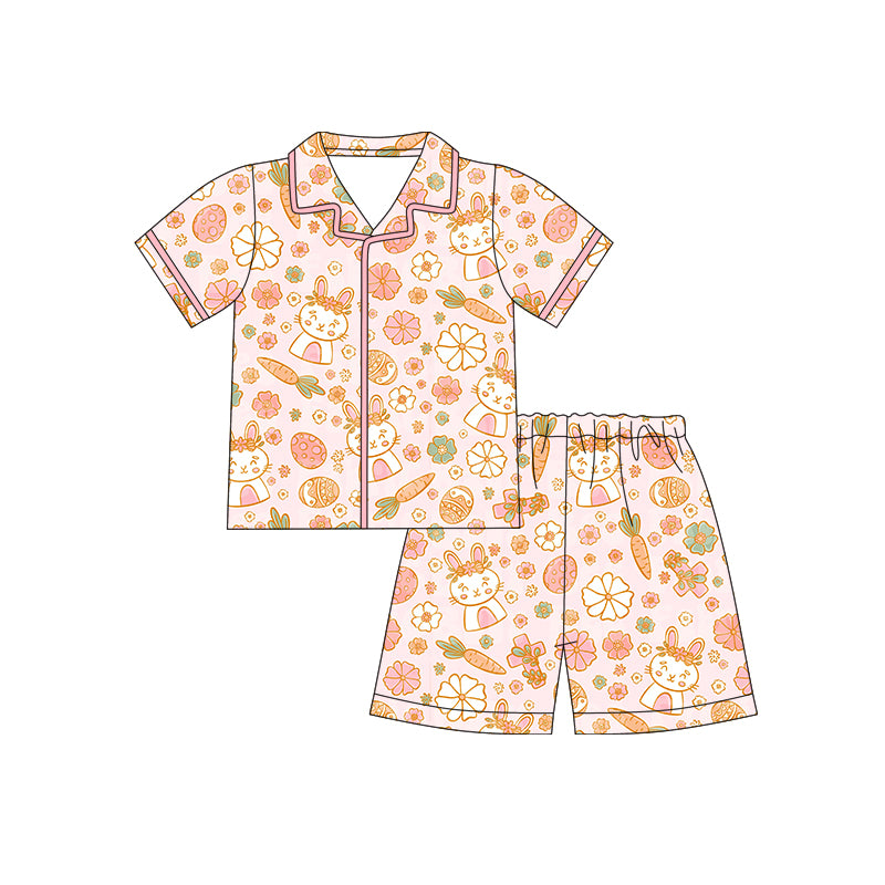 12.10 (Custom Design Preorder MOQ 5)  Bunny Flowers Eggs Print Girls Easter Buttons Pajamas Clothes Set