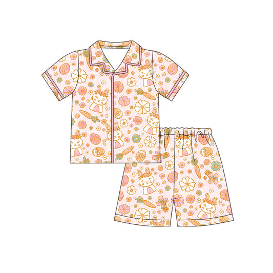 12.10 (Custom Design Preorder MOQ 5)  Bunny Flowers Eggs Print Girls Easter Buttons Pajamas Clothes Set