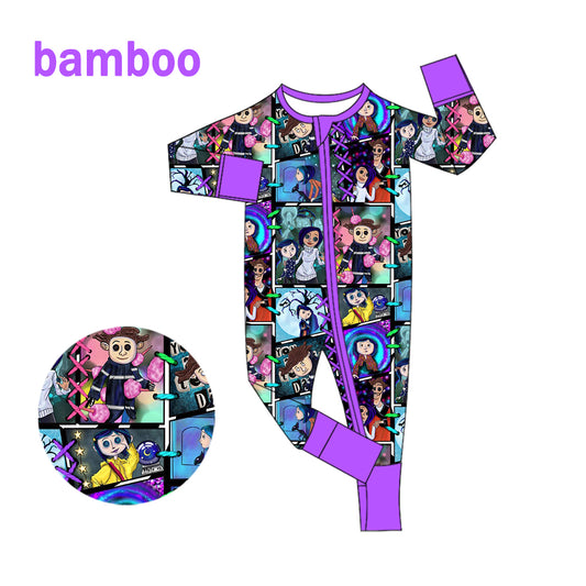 (Custom Design Preorder MOQ 20) Cartoon Character Wednesday Print Baby Halloween Long Sleeve Bamboo Sleeper Zipper Romper
