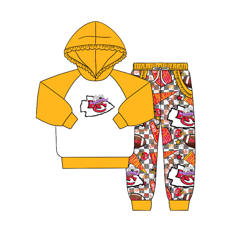 (Custom Design Preorder MOQ 5) Team's KC Yellow Hoodie Top Pockets Pants Girls Fall Clothes Set