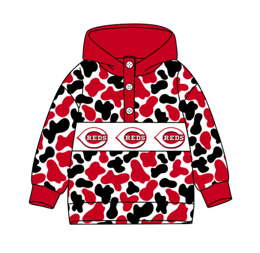 (Custom Design Preorder MOQ 5) Team's Cincinnati Reds Camo Print Kids Long Sleeve Buttons Hoodie Top