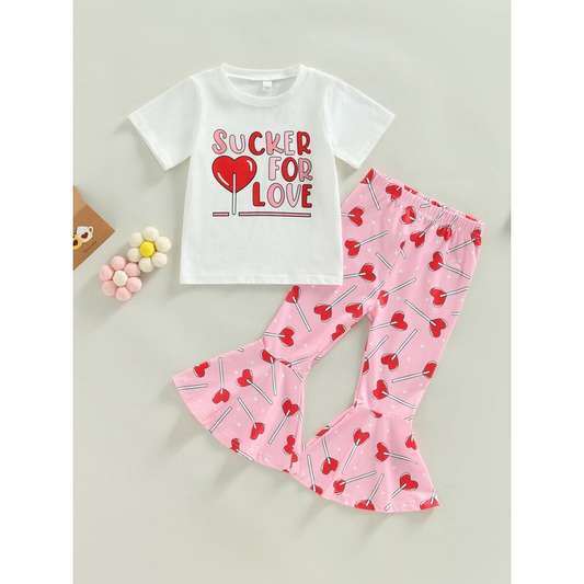 (Custom Design Preorder MOQ 5) Sucker For You Heart Top Pink Bell Pants Girls Valentine's Day Clothes Set