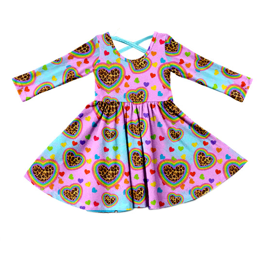 (Custom Design Preorder MOQ 5) Colorful Heart Print Girls Valentine's Knee Length Dress