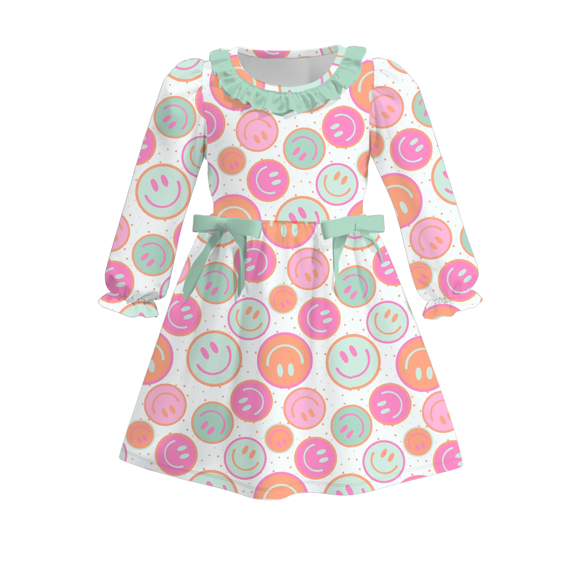 (Custom Design Preorder MOQ 5) Smiling Face Print Girls Knee Length Fall Dress