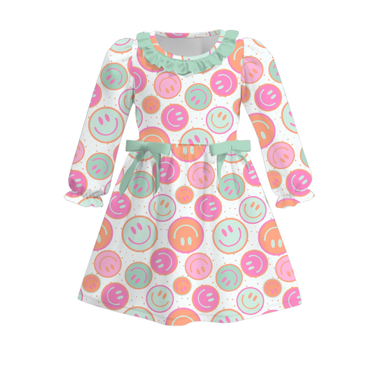 (Custom Design Preorder MOQ 5) Smiling Face Print Girls Knee Length Fall Dress