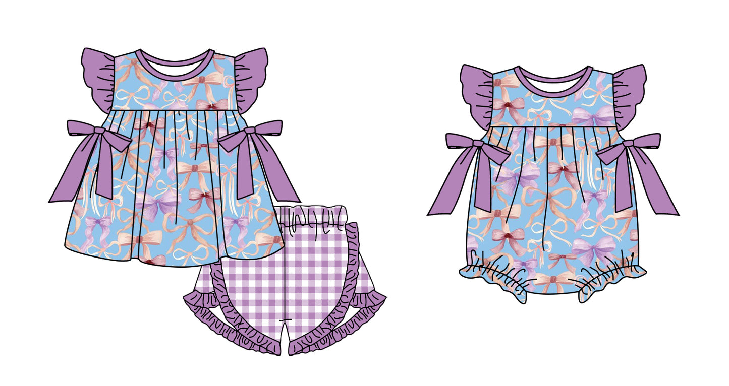 11.4(Custom Design Preorder MOQ 5 Each Design) Bows Purple Print Girls Summer Matching Clothes Sisters Wear