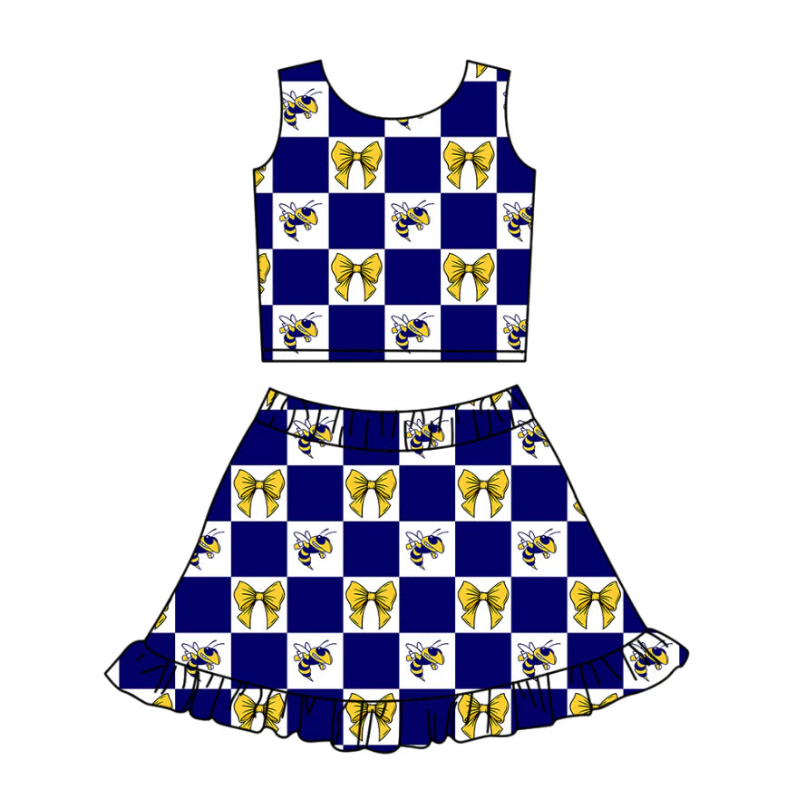 (Custom Design Preorder MOQ 5 Each Color) Team's Yellowjackets Bows Plaid Print Girls Summer Clothes Sisters Matching Wear