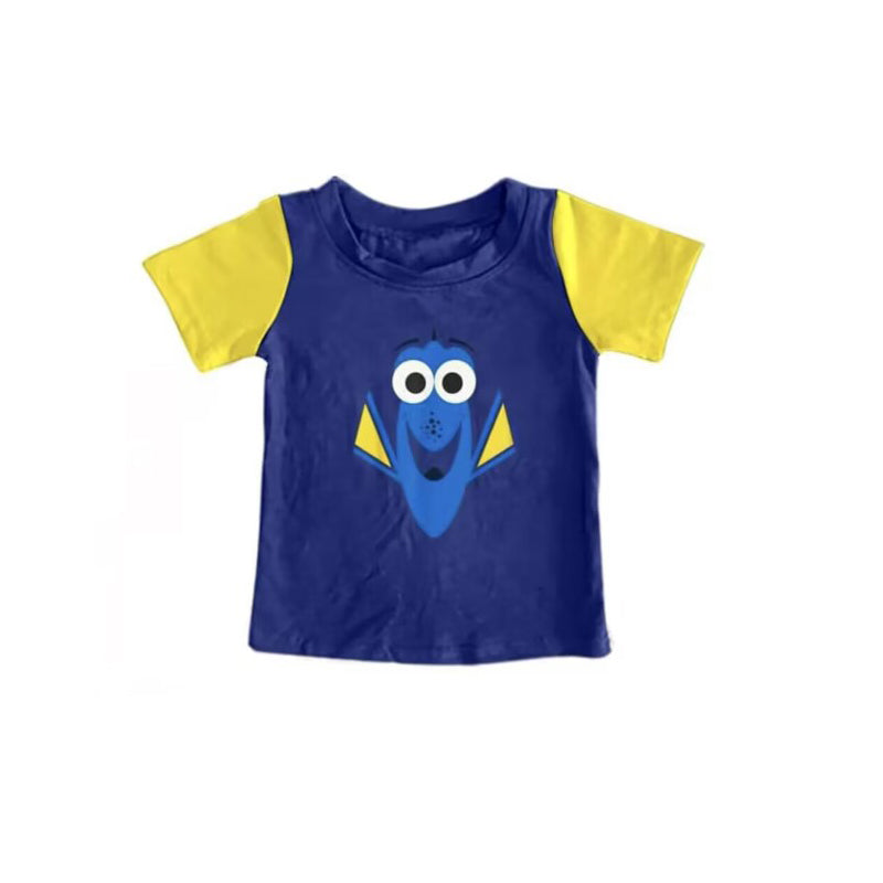 (Custom Design Preorder MOQ 5) Cartoon Blue Fish Print Boys Summer Tee Shirts Top