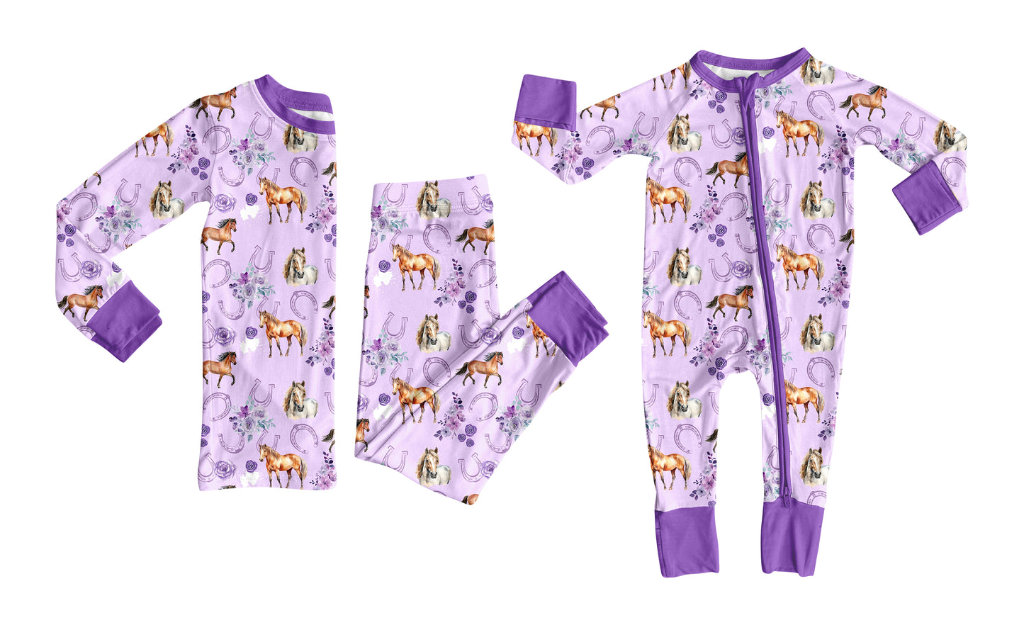 12.3 (Custom Design Preorder MOQ 20 Each Design) Horse Flowers Purple Print Girls Pajamas Matching Bamboo Clothes Sisters Wear