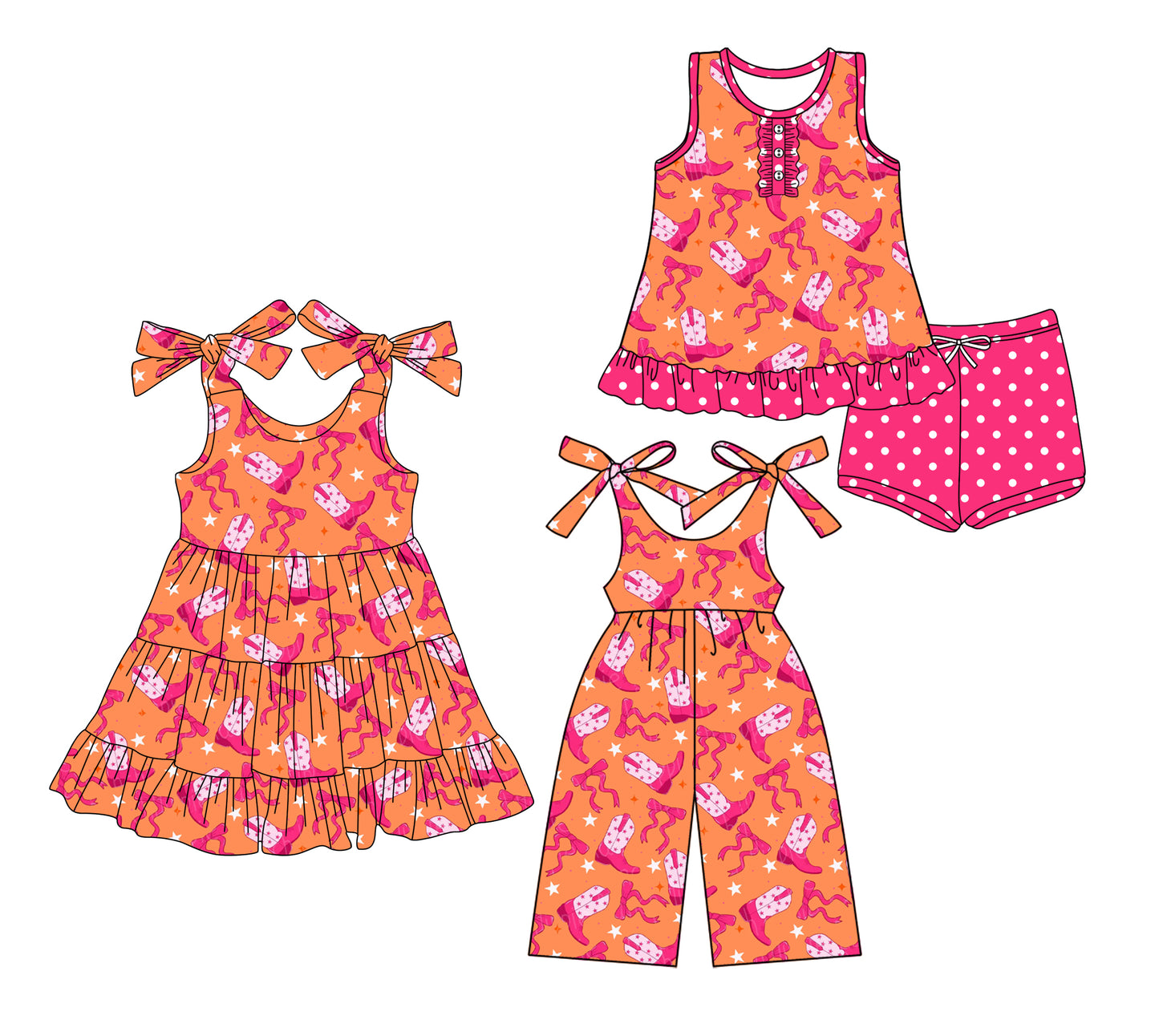 4.14(Custom Design Preorder MOQ 5 Each Design) Boots Bows Print Girls Summer Matching Clothes Sisters Wear