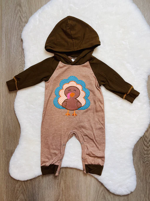 (Custom Design Preorder MOQ 5) Turkey Brown Print Baby Boys Thanksgiving Romper