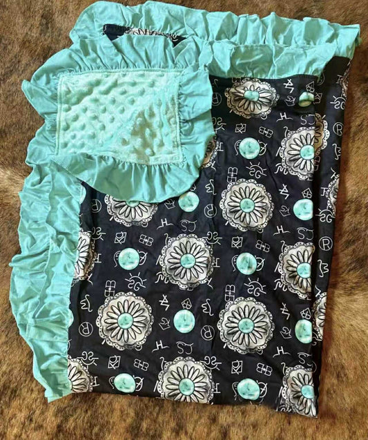 (Custom Design Preorder MOQ 5)  Turquoise Wild Print Baby Girls Western Minky Blanket