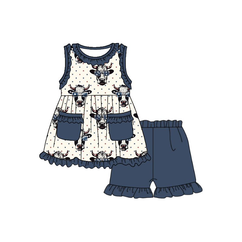 (Custom Design Preorder MOQ 5) Highland Cow Stars Print Girls 4th of July Western Clothes Set