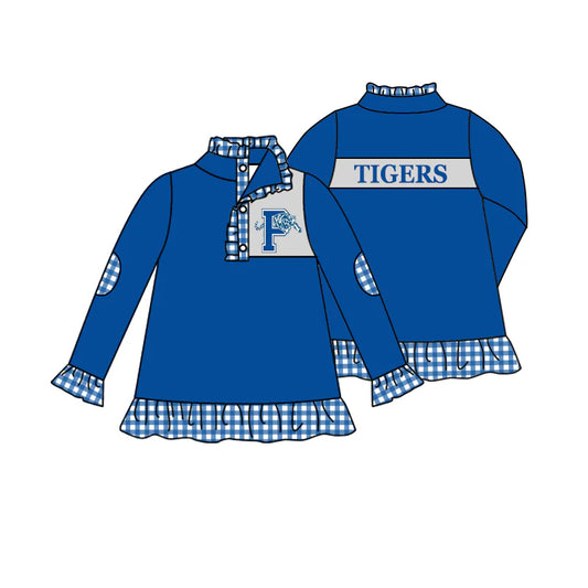 (Custom Design Preorder MOQ 5) Team's Tigers Print Girls Long Sleeve Pullover Buttons Tops