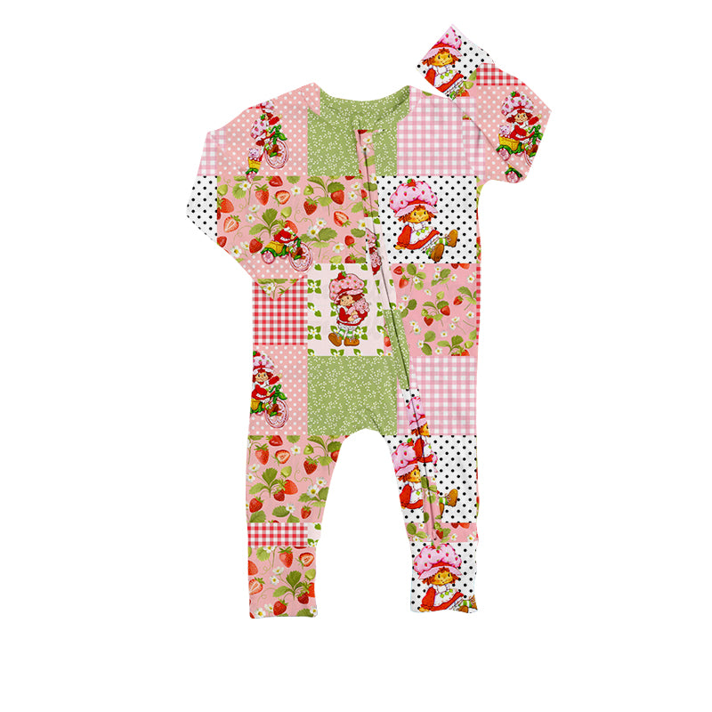 (Custom Design Preorder MOQ 5) Strawberry Pink Plaid Print Baby Girls Sleeper Zipper Romper