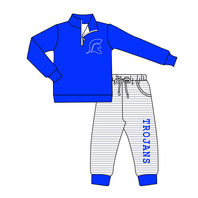 (Custom Design Preorder MOQ 5) Team's TROJANS Pullover Top Blue Pockets Pants Boys Fall Clothes Set