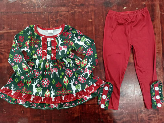 (Custom Design Preorder MOQ 5)  Deer Flowers Tunic Top Red Pants Girls Christmas Clothes Set
